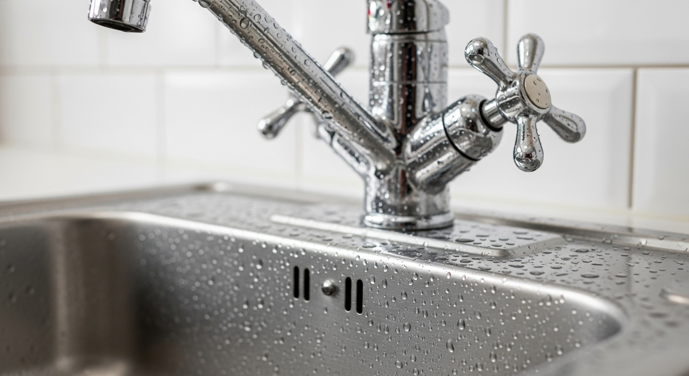 Cận cảnh bồn rửa chén inox và vòi chrome sáng bóng, với giọt nước long lanh, minh chứng cho các mẹo làm sạch nhà bếp hiệu quả.