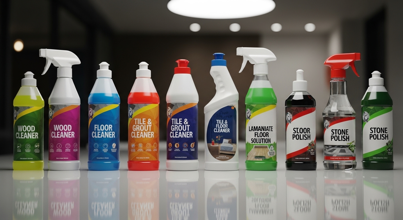 Bộ sưu tập các chai nước lau sàn đa dạng, chuyên dụng cho nhiều loại sàn như gỗ và gạch, được sắp xếp gọn gàng trên bàn bếp sáng bóng với màu sắc và thiết kế tươi sáng, mang đến cách lau nhà sạch không bị rít và hiệu quả tối ưu.