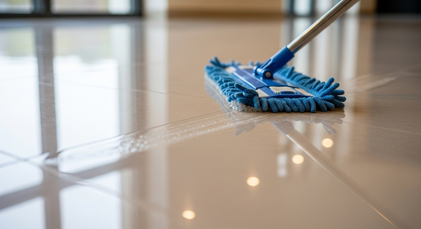 Cận cảnh cây lau nhà microfiber lướt trên sàn nhà sáng màu, để lại vệt sạch bóng loáng. Hình ảnh minh họa cách lau nhà sạch bóng một cách hiệu quả và hiện đại.