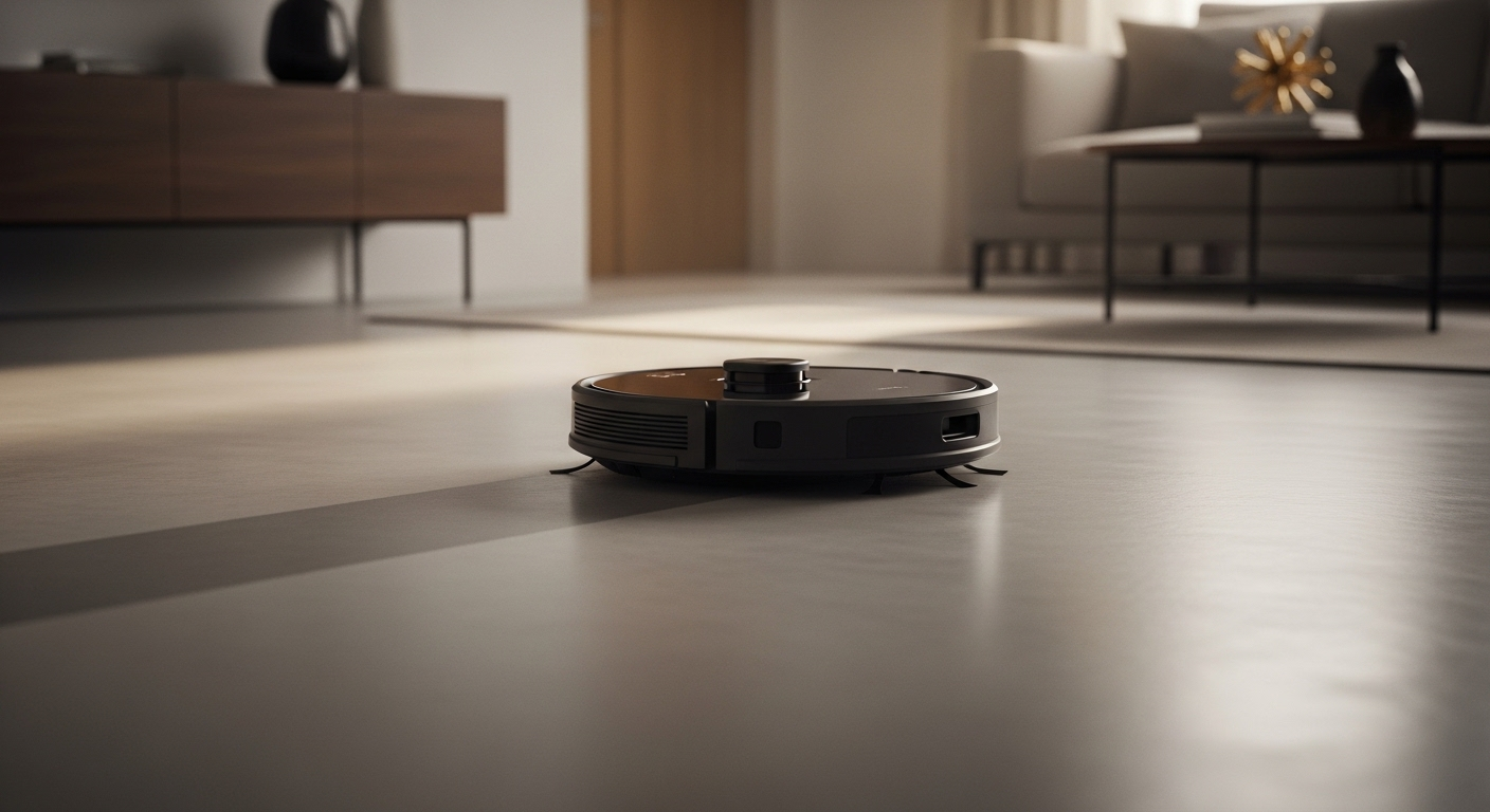 Robot hút bụi tự động màu tối đang di chuyển trên sàn nhà màu xám nhạt, để lại con đường sạch bóng. Đây là cách lau nhà sạch bóng hiệu quả và hiện đại cho không gian sống.