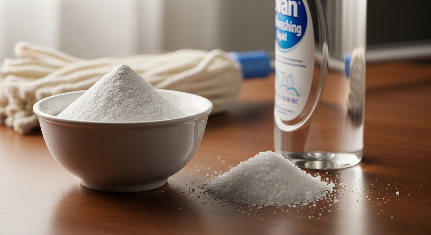 Baking soda, muối hạt và nước rửa chén trên mặt gỗ, phía sau là đầu cây lau nhà. Các nguyên liệu thiết yếu cho cách làm sạch cây lau nhà hiệu quả.