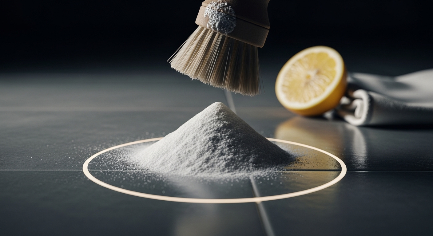 Bột baking soda và chanh trên sàn gạch tối màu cùng bàn chải ẩm, gợi ý cách lau nhà sạch bóng bằng nguyên liệu tự nhiên.