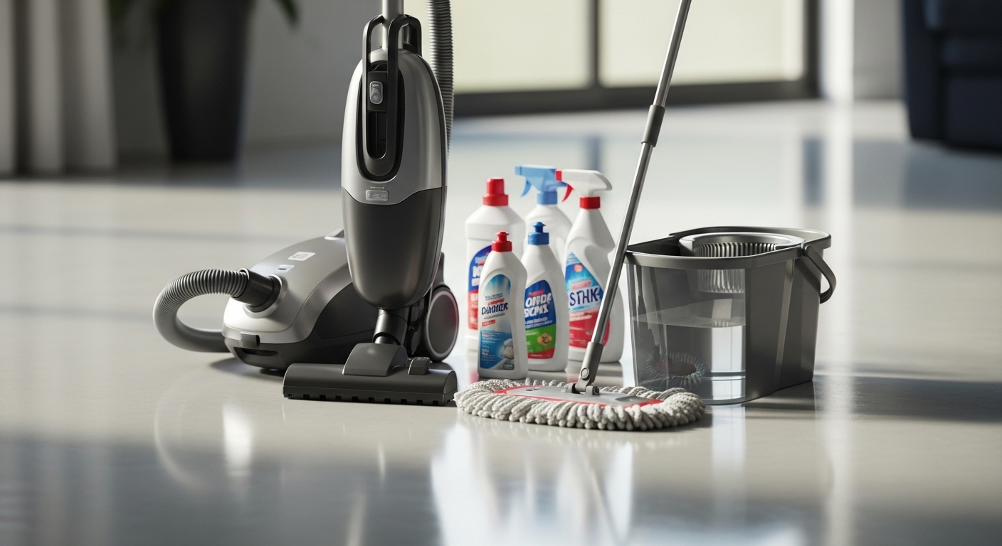 Bộ dụng cụ lau nhà hiện đại gồm máy hút bụi, cây lau nhà microfiber kèm xô và nước lau sàn, sẵn sàng cho cách lau nhà sạch bóng.