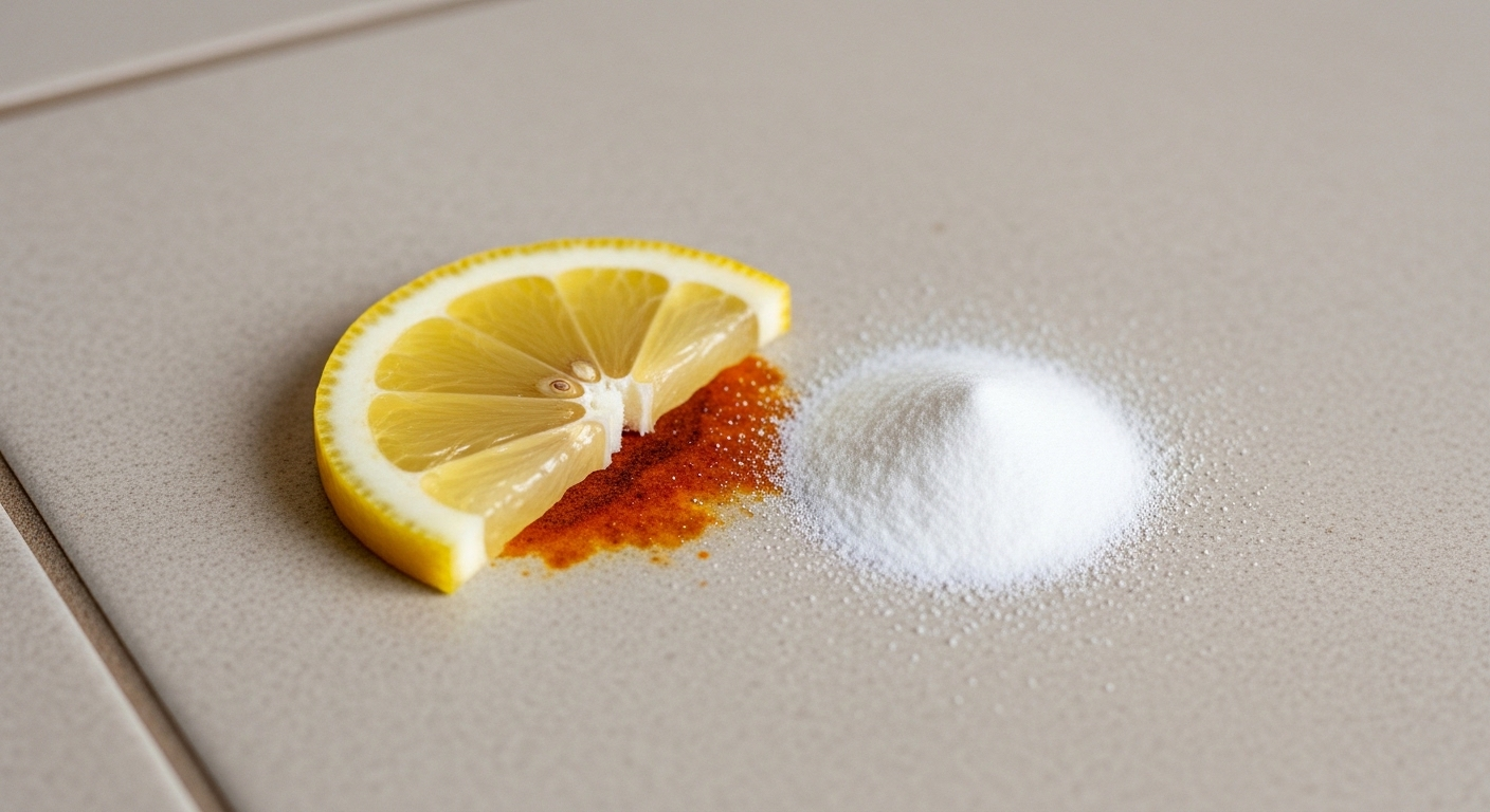 Vết rỉ sét nhỏ trên gạch men sáng màu, cùng lát chanh và baking soda cho cách làm sạch sàn nhà tự nhiên.