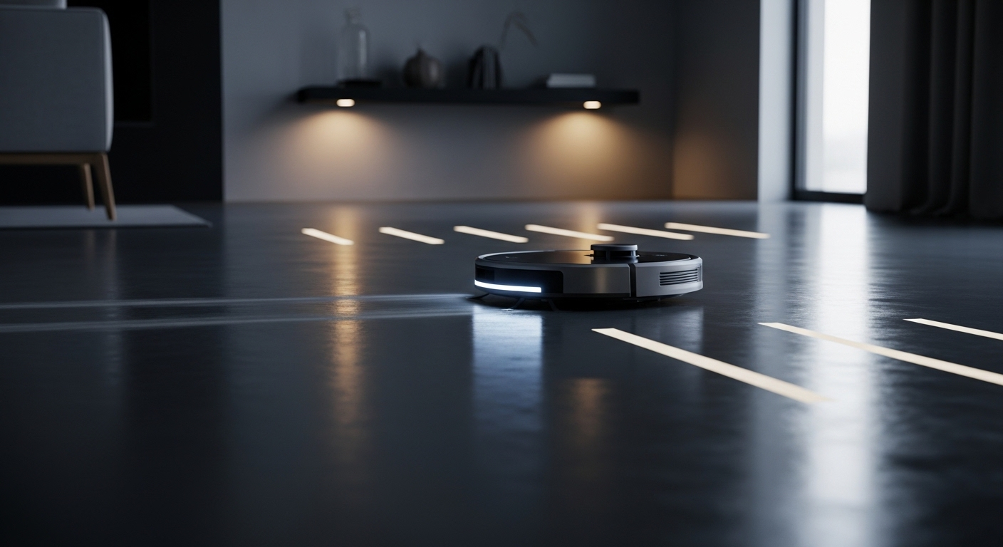 Robot hút bụi tự động lau sàn nhà sạch bóng loáng bằng bê tông trong không gian sống hiện đại.