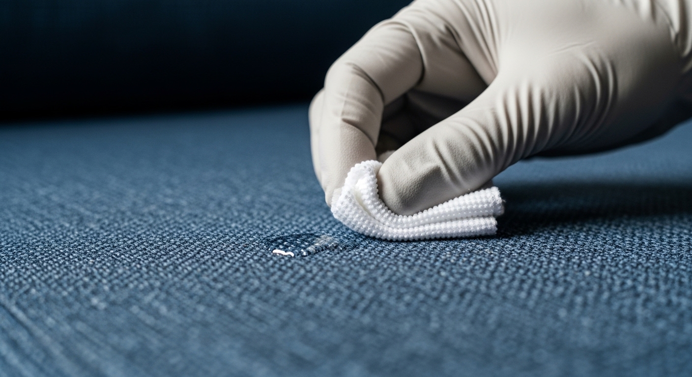 Cận cảnh tay đeo găng nhẹ nhàng dùng khăn trắng thấm vết đổ nhỏ trên đệm ghế sofa vải xanh navy, minh họa cách giặt ghế sofa tại nhà hiệu quả.