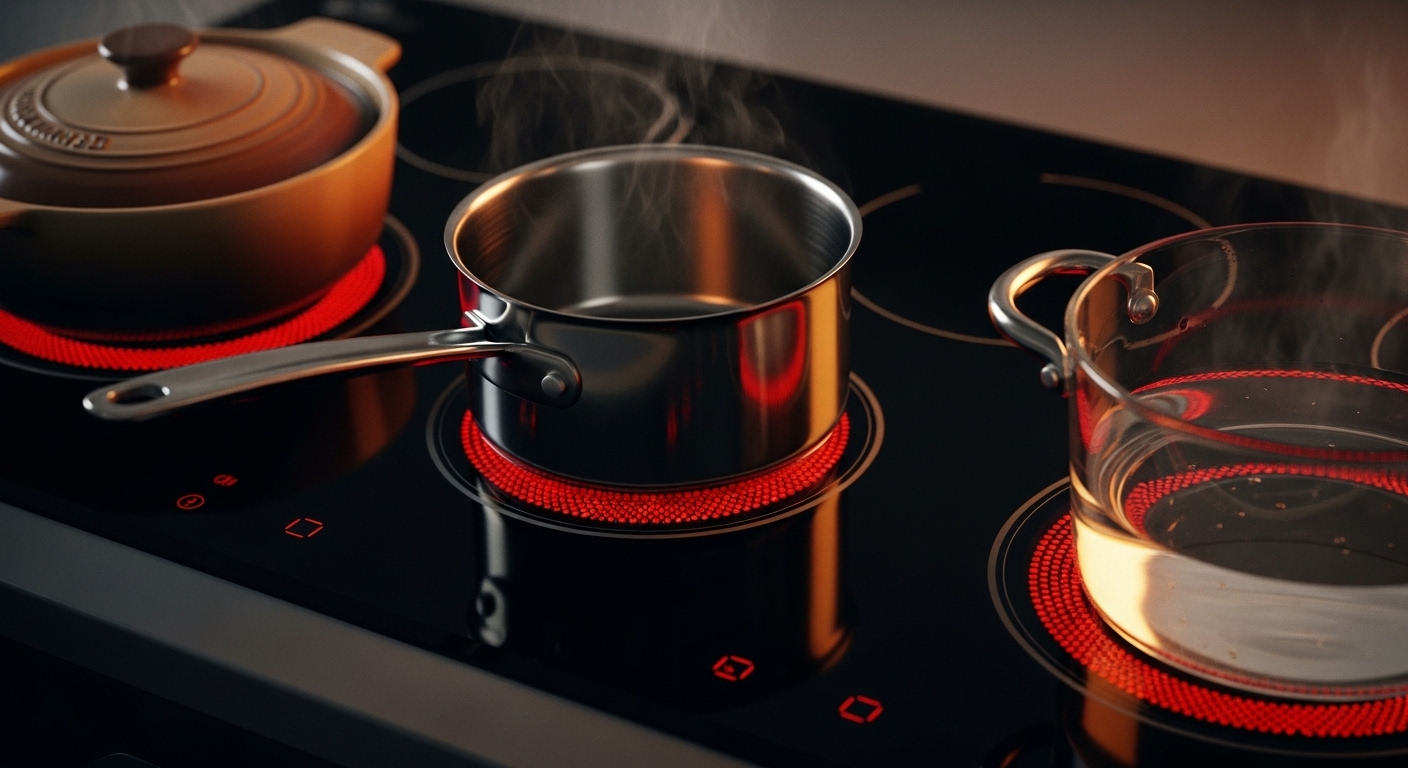 Cận cảnh bếp hồng ngoại sạch bóng đun nấu ba loại nồi (sứ, inox, thủy tinh) trên vùng nhiệt đỏ rực, minh họa tính năng đa dạng. Tìm hiểu giá bếp hồng ngoại chất lượng cho căn bếp của bạn.