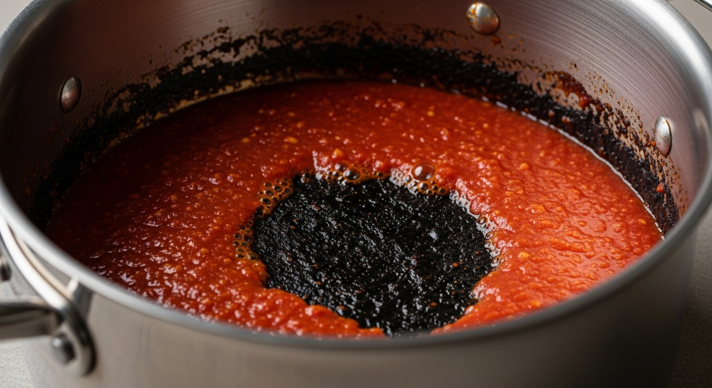 Cận cảnh nồi inox bị cháy đen cặn dưới đáy, phủ sốt cà chua đỏ. Minh họa vấn đề cần mẹo vặt nhà bếp để làm sạch hiệu quả.