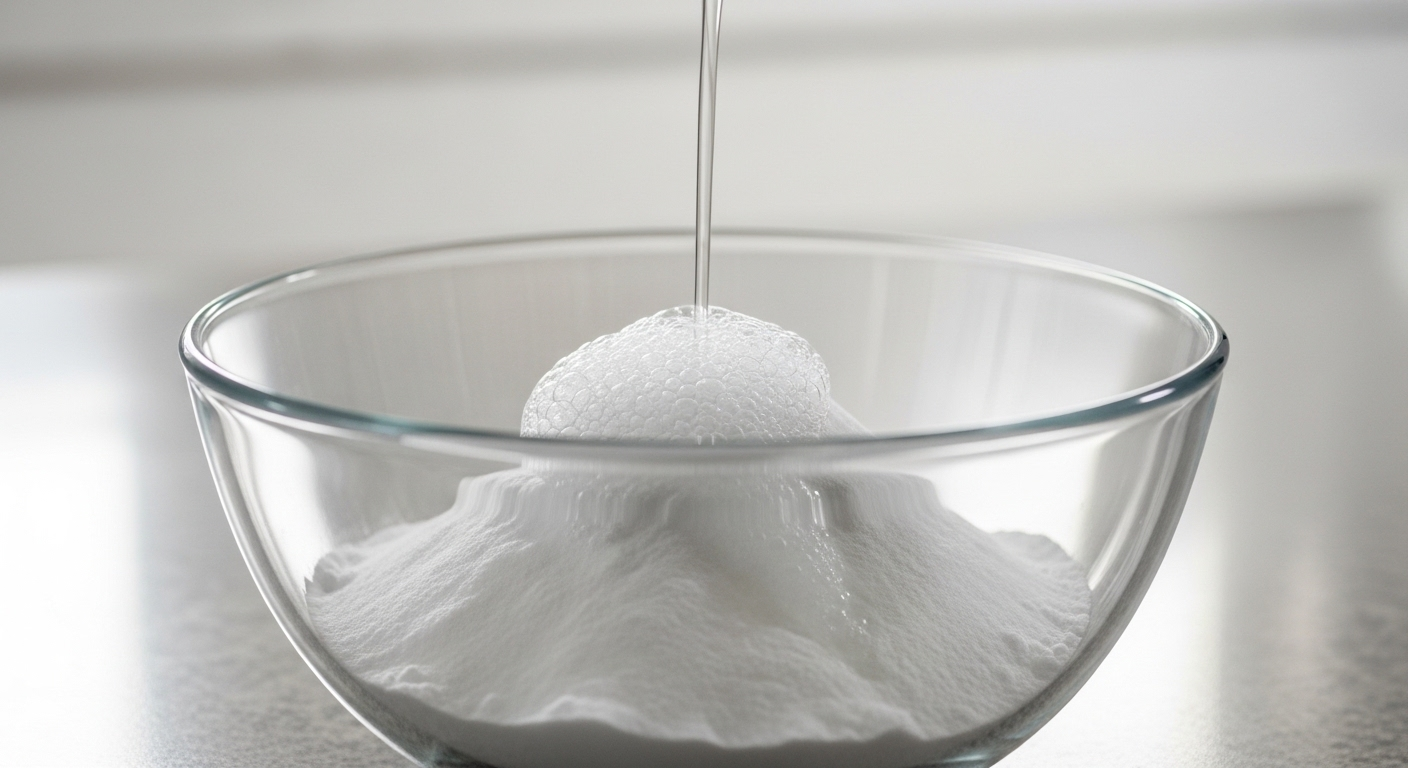 Phản ứng sủi bọt giữa baking soda và giấm trắng trong bát thủy tinh, một mẹo làm sạch tự nhiên hiệu quả cho cách vệ sinh bồn cầu bị ố vàng.