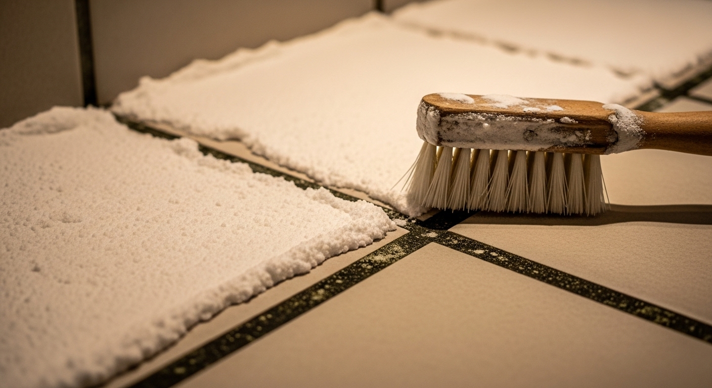 Hỗn hợp baking soda sệt trắng được phết đều lên các đường ron gạch mốc đen trên nền nhà tắm, minh họa cách làm sạch nền nhà tắm hiệu quả với bàn chải sẵn sàng.