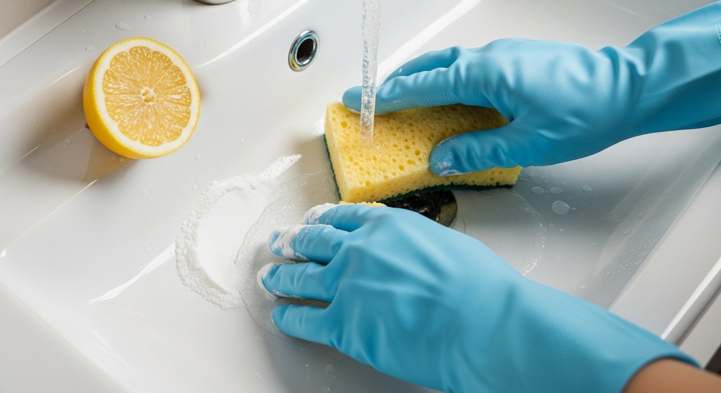 Tay đeo găng xanh đang nhẹ nhàng chà rửa bồn rửa mặt màu trắng bằng baking soda và chanh, minh họa cách tẩy trắng bồn rửa mặt tự nhiên và hiệu quả.
