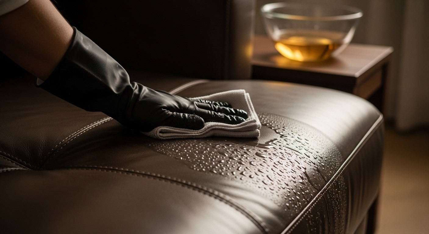 Tay đeo găng lau ghế sofa da nâu sẫm bằng khăn mềm ẩm và dung dịch chuyên dụng, minh họa cách xử lý sofa bị mốc hiệu quả và giữ bề mặt sạch đẹp.