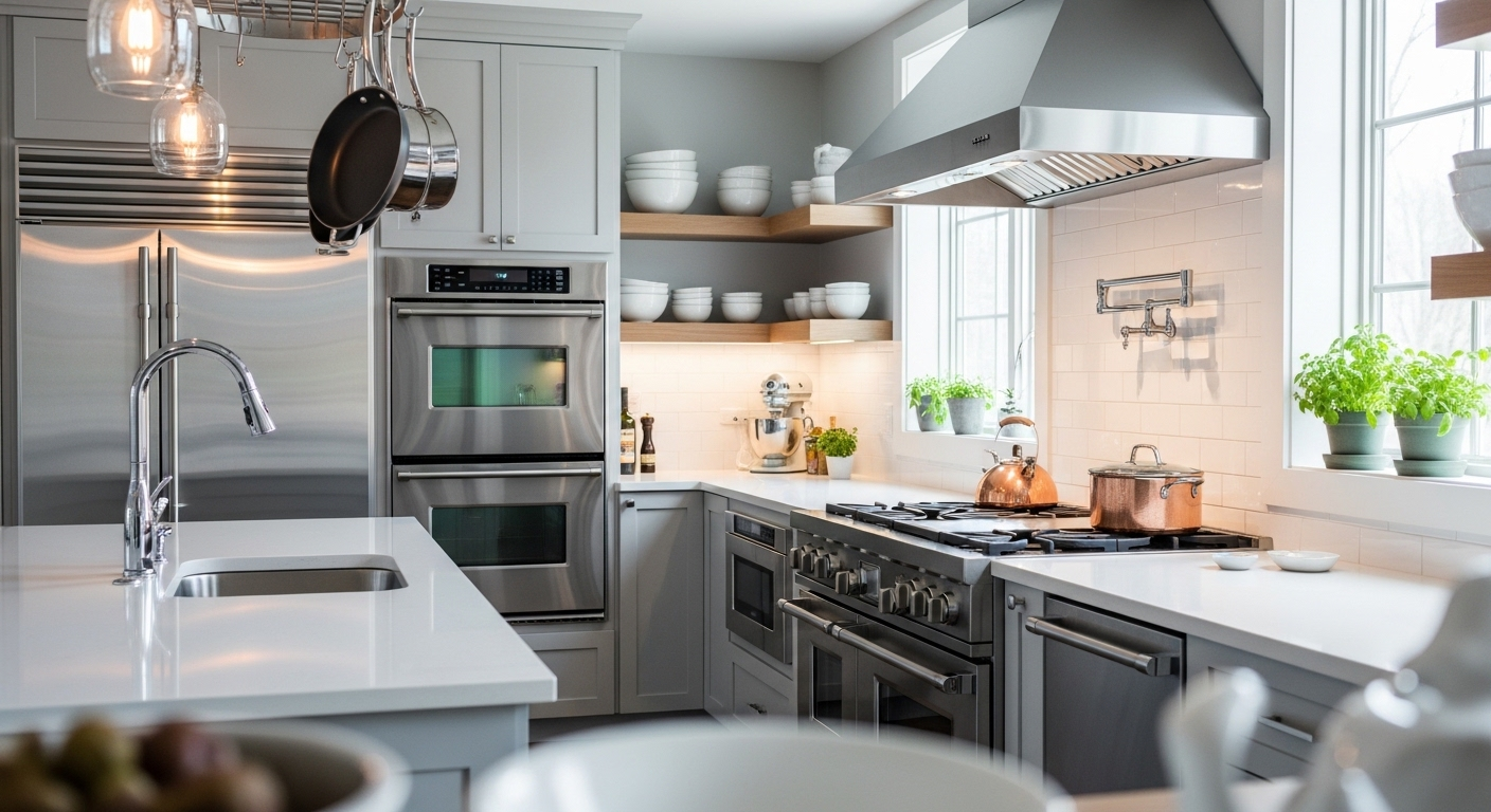 Căn bếp hiện đại sạch bóng với mặt bàn và thiết bị inox sáng loáng, đồ dùng sắp xếp gọn gàng cùng chậu thảo mộc tươi xanh, mang đến không gian hoàn hảo sau khi thuê vệ sinh nhà đón tết.