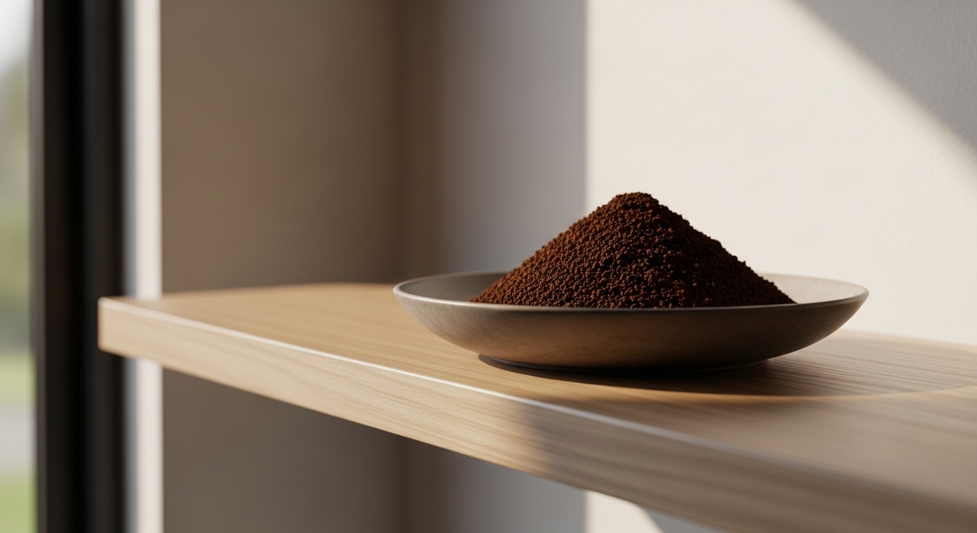 Đĩa cà phê xay đậm màu đặt trên kệ hiện đại trong không gian tối giản, một mẹo nhỏ trong số các cách khử mùi sơn nhà mới hiệu quả và tự nhiên.