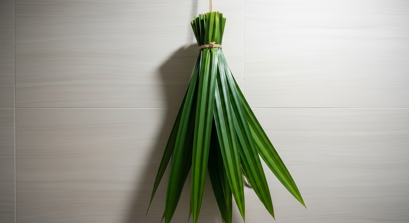 Bó lá dứa tươi xanh treo tường nhà vệ sinh, cách khử mùi nhà vệ sinh hiệu quả.