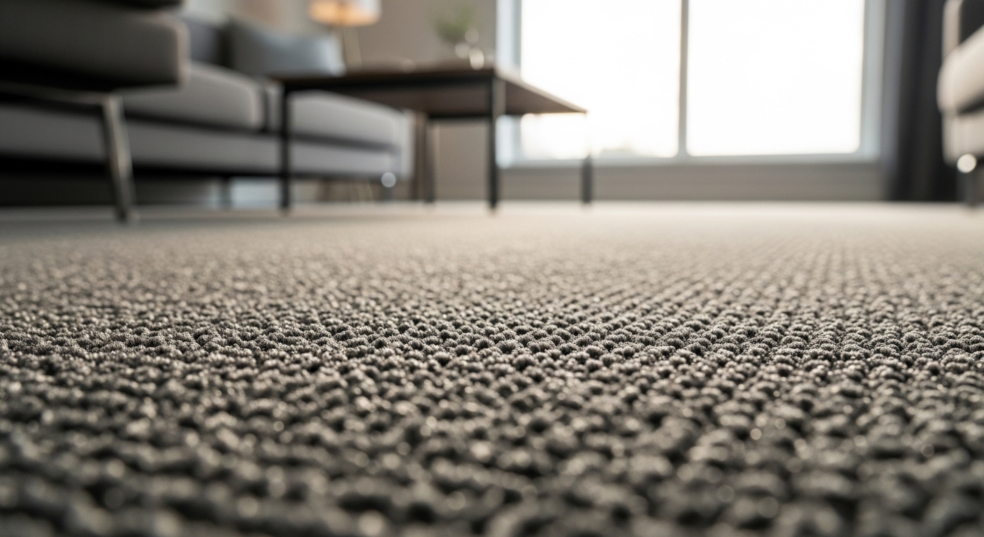 Cận cảnh thảm xám mềm mại, mới giặt sạch trong phòng khách sáng sủa, minh họa chất lượng của dịch vụ giặt thảm tại nhà.