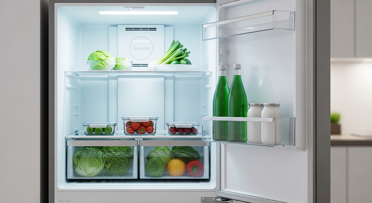 Tủ lạnh mở sạch tinh tươm, các kệ kính chứa đầy rau củ quả tươi ngon, sắp xếp gọn gàng. Minh họa cho hiệu quả của việc vệ sinh nhà bếp và bảo quản thực phẩm.