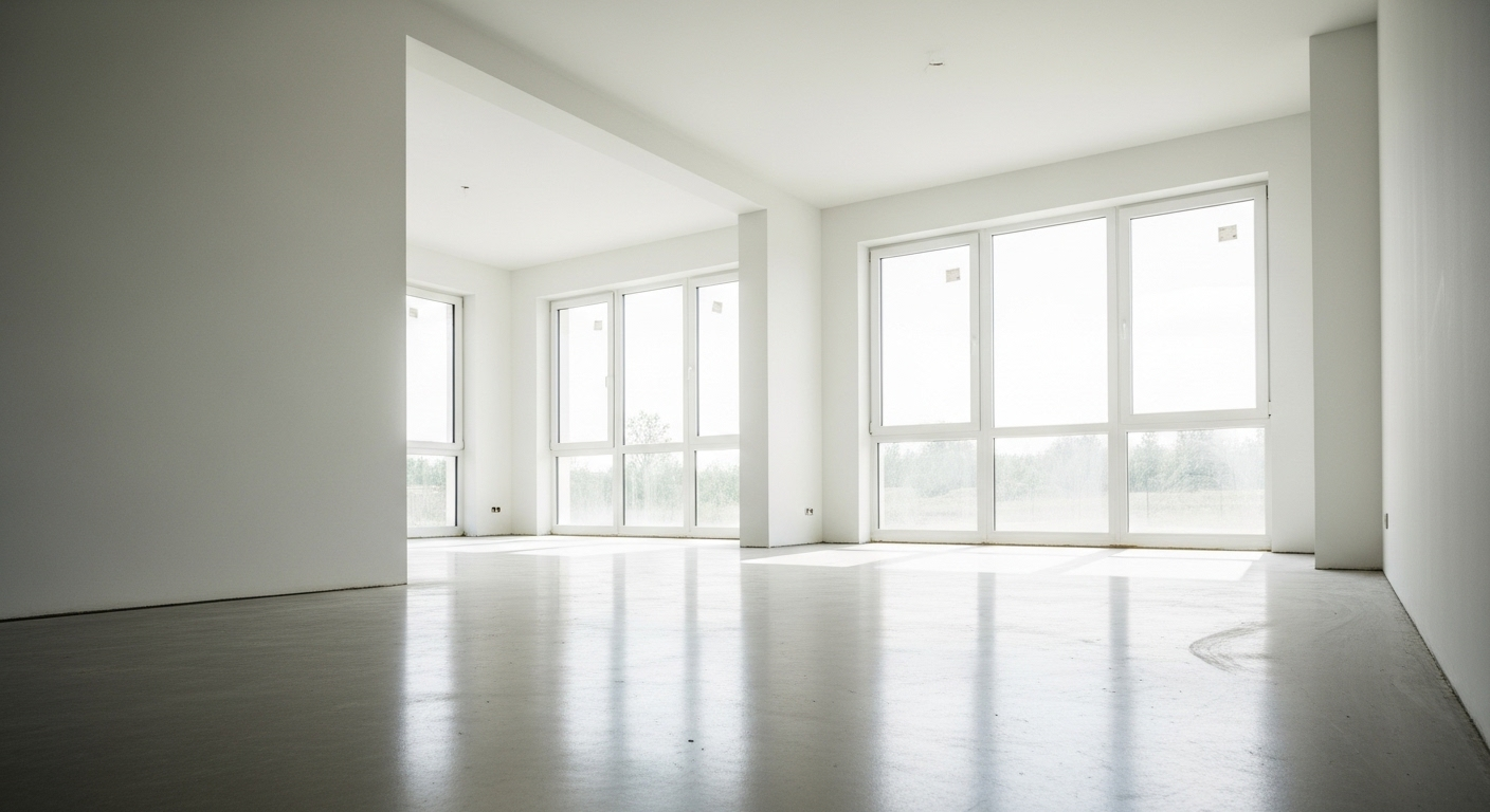 Phòng mới xây sạch sẽ tinh tươm, với cửa sổ lớn sáng loáng đón ánh sáng tự nhiên, tường trắng và sàn phẳng mịn. Hình ảnh không gian hoàn hảo, gợi lên câu hỏi có nên thuê dịch vụ vệ sinh nhà ở chuyên nghiệp để đảm bảo ngôi nhà luôn sạch đẹp như thế này.