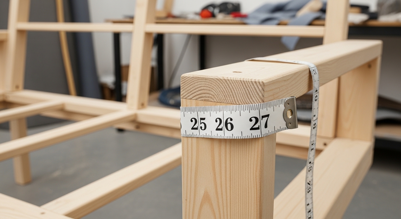 Thước dây đo chính xác tay vịn khung ghế sofa, một bước cần thiết trong cách bọc ghế sofa tại nhà.