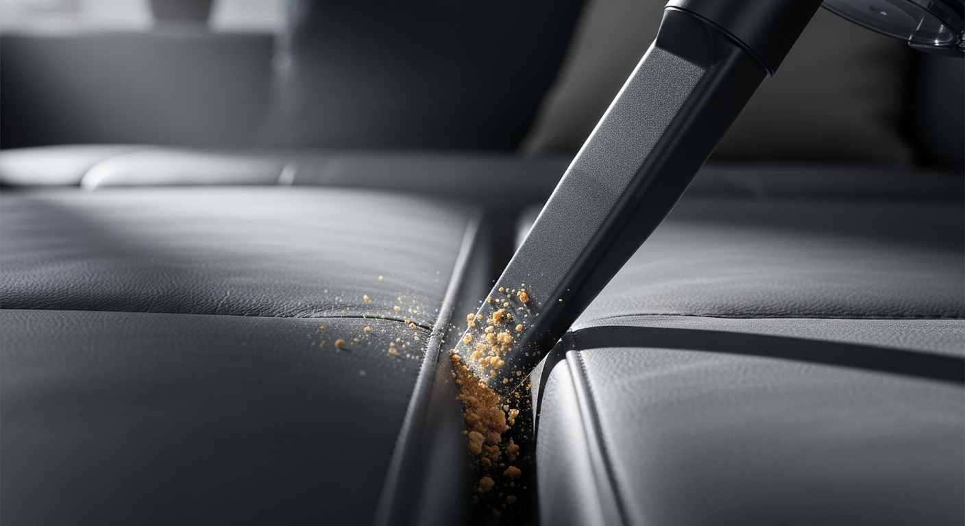 Đầu hút bụi cầm tay làm sạch bụi bẩn trên kẽ ghế sofa da màu xám, minh họa cách làm sạch ghế sofa da hiệu quả.