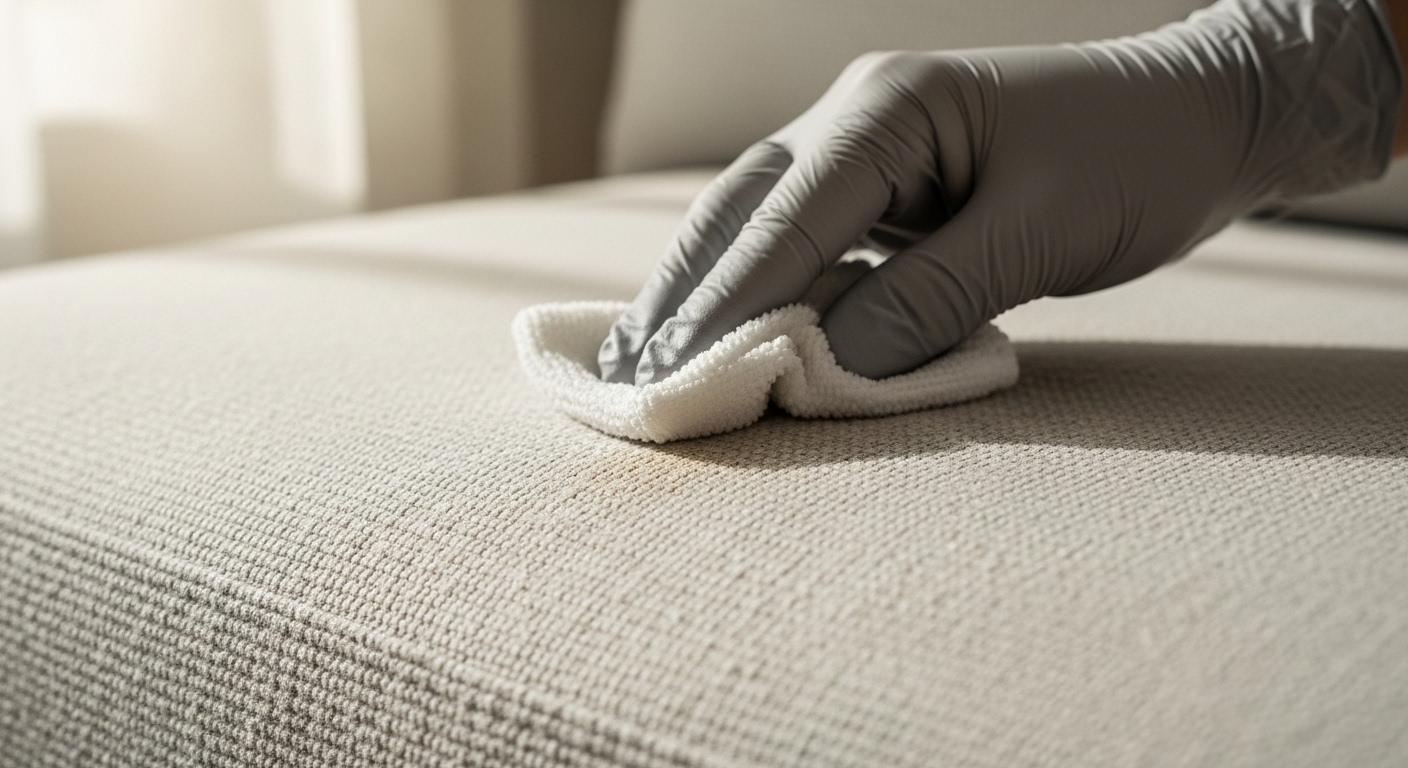 Bàn tay đeo găng nhẹ nhàng dùng khăn microfiber ẩm làm sạch vết bẩn nhỏ trên ghế sofa nỉ màu sáng. Minh họa chi tiết cách giặt ghế sofa nỉ tại nhà cẩn thận, giữ cho vải luôn mềm mại.