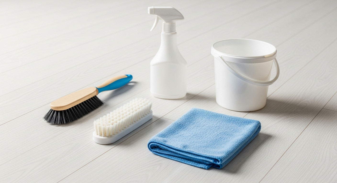 Bộ dụng cụ vệ sinh cần thiết để thực hiện cách giặt ghế sofa vải tại nhà, gồm bàn chải, bình xịt, khăn microfiber và xô trên sàn gỗ sáng.