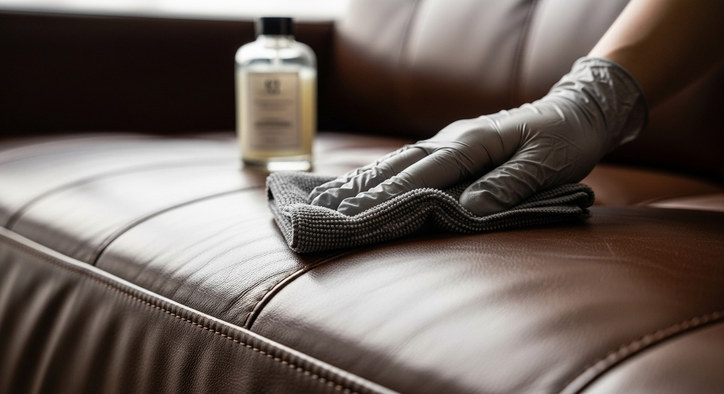 Tay mang găng nhẹ nhàng lau ghế sofa da màu nâu bằng khăn microfiber, chai dưỡng da ở hậu cảnh. Minh họa cách giặt khô ghế sofa tại nhà hiệu quả.