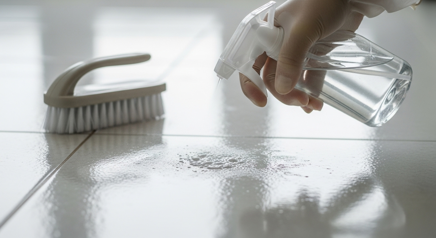 Tay đeo găng xịt dung dịch làm sạch vết xi măng trắng trên nền gạch sáng màu. Hình ảnh minh họa cách tẩy xi măng trắng trên nền gạch bằng dung dịch chuyên dụng, với bàn chải cọ đặt gần đó.