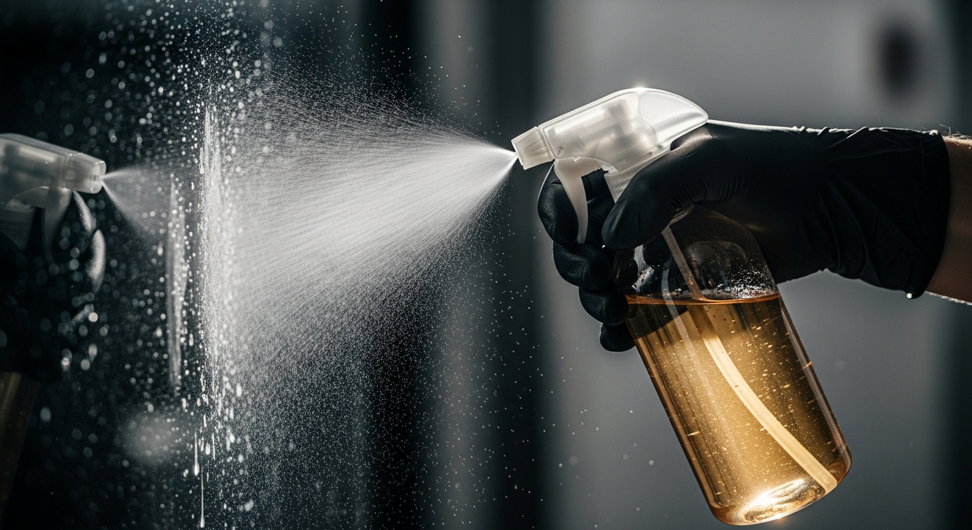 Bàn tay đeo găng đang xịt dung dịch làm sạch tự nhiên lên cửa kính bám bẩn, minh họa cách lau cửa kính nhanh và sạch.