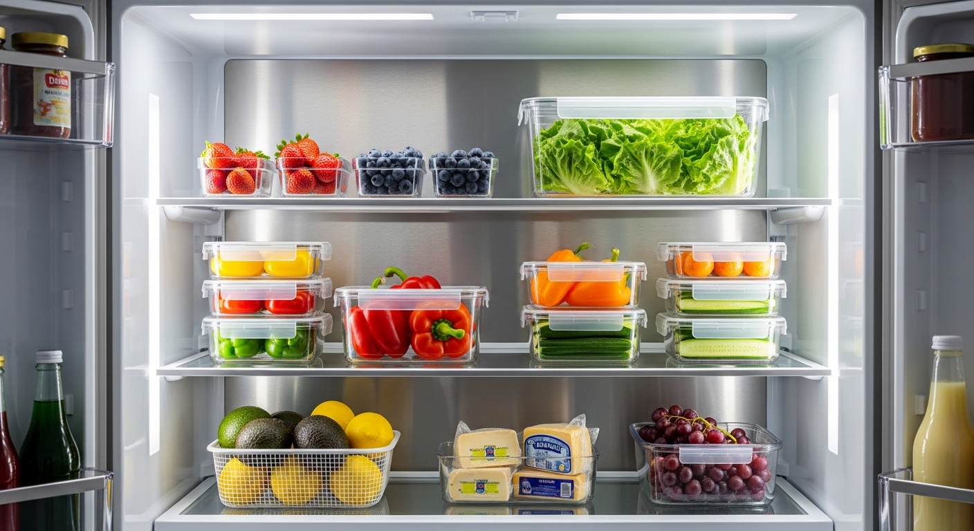 Bên trong tủ lạnh sạch tinh tươm, ngăn nắp với rau củ quả tươi trên kệ kính sáng, minh chứng cho vệ sinh nhà bếp đạt chuẩn.