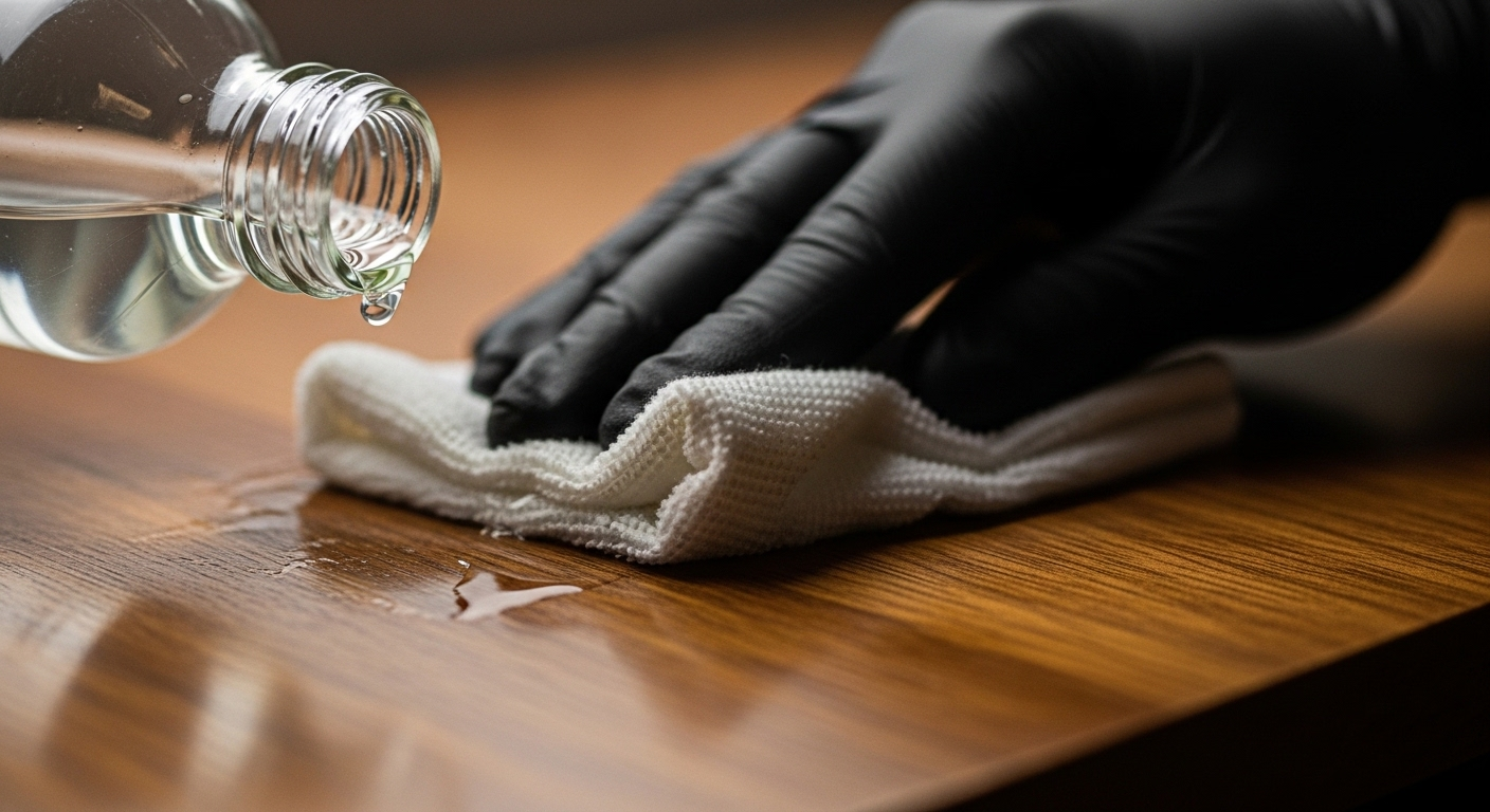 Cận cảnh bàn tay đeo găng dùng khăn ẩm lau lớp sơn PU trên gỗ, thể hiện cách tẩy sơn PU trên gỗ thủ công. Cận cảnh bàn tay đeo găng dùng khăn ẩm lau lớp sơn PU trên gỗ, thể hiện cách tẩy sơn PU trên gỗ thủ công.