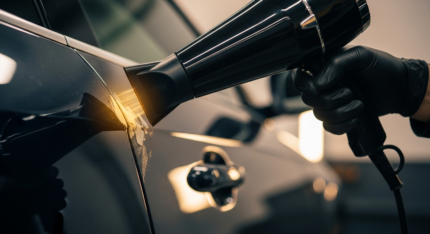 Bàn tay đeo găng dùng máy sấy tóc làm mềm vết keo dính trên cửa ô tô, một cách chùi keo sau khi bóc decal hiệu quả giúp loại bỏ keo an toàn mà không làm hỏng bề mặt sơn.