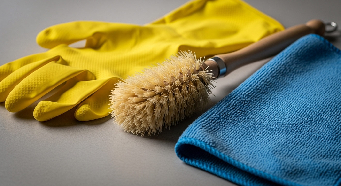 Găng tay cao su vàng, bàn chải cọ rửa và khăn microfiber xanh đặt trên sàn nhà, những dụng cụ thiết yếu cho cách tẩy vết nước chè trên sàn nhà hiệu quả.