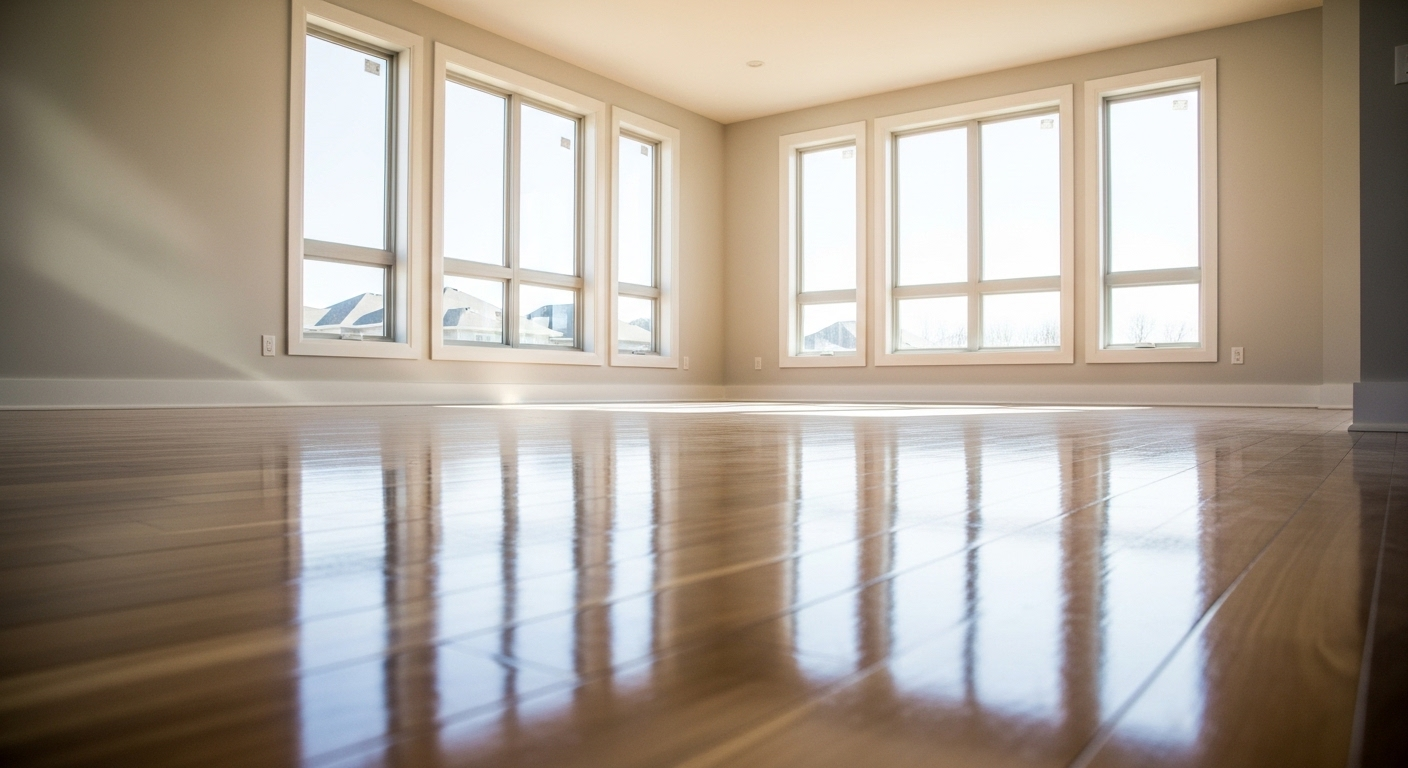 Phòng khách nhà mới xây sạch tinh tươm, sàn gỗ bóng loáng và cửa sổ trong vắt ngập ánh sáng tự nhiên, là kết quả của dịch vụ vệ sinh nhà mới xây quận 11 chuyên nghiệp.