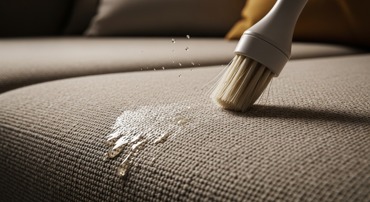 Cận cảnh bàn chải mềm và dung dịch tẩy rửa chuyên dụng loại bỏ vết ố cứng đầu trên đệm sofa vải màu be, mang lại sự sạch sẽ chuyên nghiệp với dịch vụ giặt sofa tại nhà quận 7.