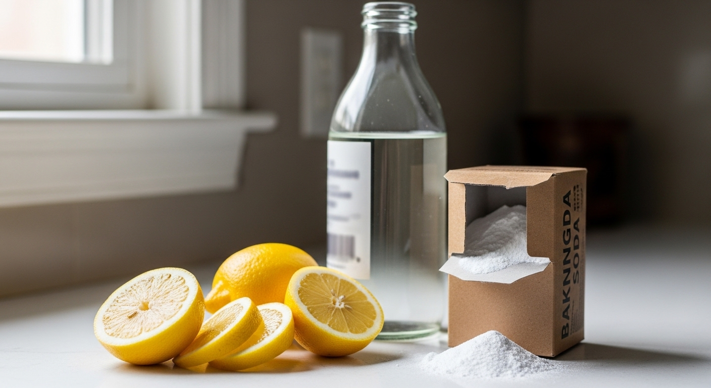 Chanh cắt lát, giấm trắng và baking soda trên bàn bếp sáng màu, những nguyên liệu tự nhiên lý tưởng cho cách vệ sinh nhà cửa an toàn và hiệu quả.