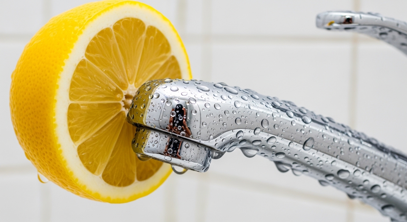 Nửa quả chanh vàng tươi được chà nhẹ lên vòi nước crom sáng bóng, minh họa cách làm sạch nhà tắm nhà vệ sinh hiệu quả bằng nguyên liệu tự nhiên.