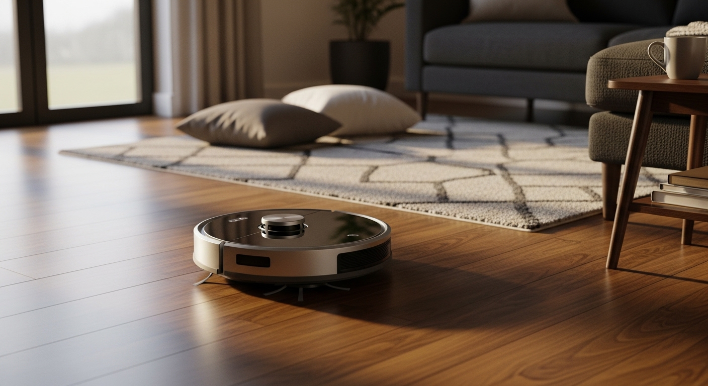 Robot hút bụi thông minh tự động vệ sinh sàn gỗ phòng khách, hỗ trợ hiệu quả checklist vệ sinh hàng ngày của bạn.