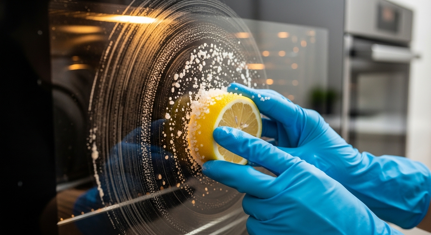 Bàn tay đeo găng xanh đang dùng nửa quả chanh rắc muối để chà rửa cửa lò nướng bằng kính bám đầy vết dầu mỡ cứng đầu, một mẹo vặt làm sạch bếp hiệu quả.