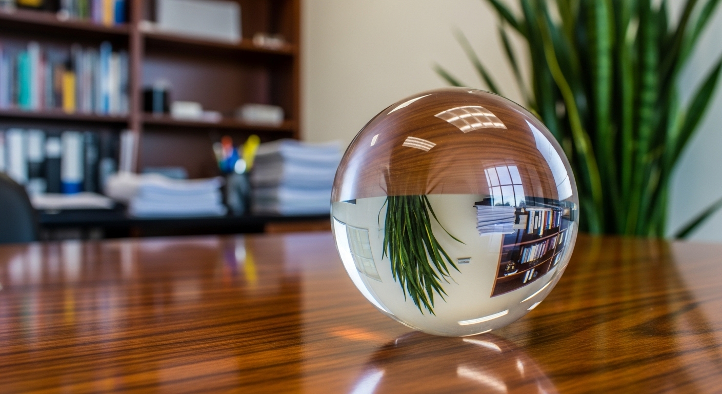 Bàn làm việc gỗ tối màu được bố trí theo phong thủy, với quả cầu pha lê trong suốt phản chiếu ánh sáng dịu và cây xanh tươi mát làm nền.