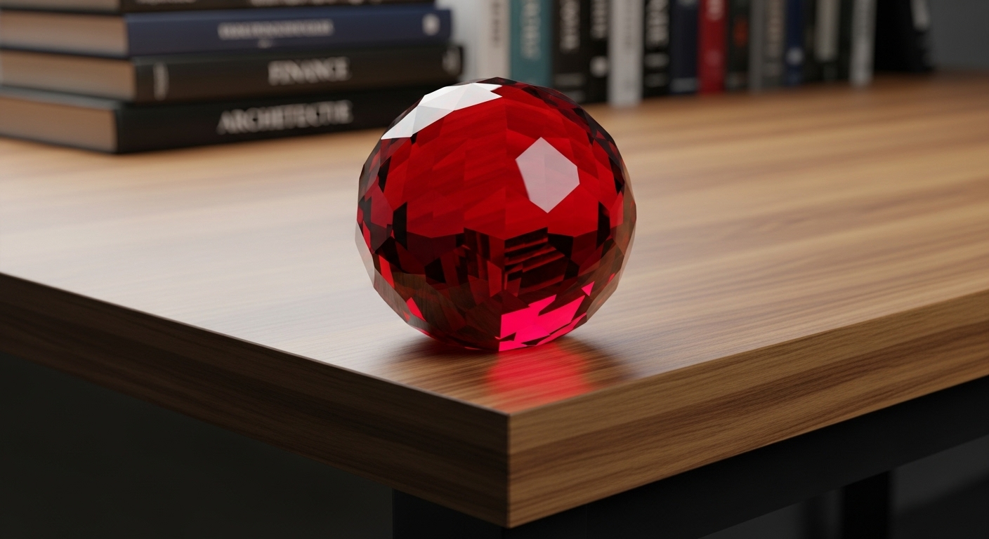 Quả cầu pha lê đỏ sáng bóng đặt trên bàn làm việc gỗ tự nhiên, hình ảnh lý tưởng cho phong thủy bàn làm việc cho người mệnh hỏa.