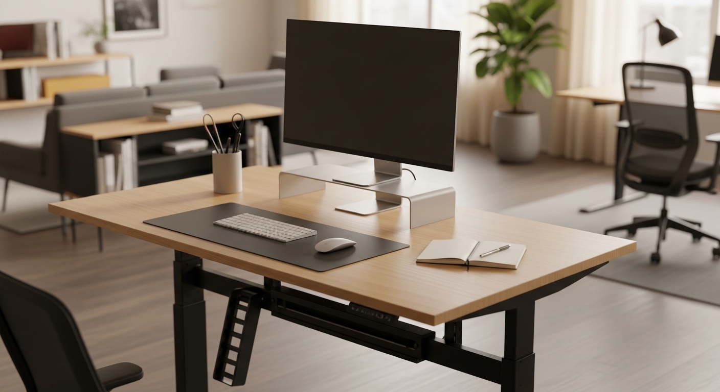 Bàn làm việc đứng hiện đại với máy tính tối giản trong văn phòng. Đây là cách bố trí bàn làm việc văn phòng tiện nghi và tối ưu.