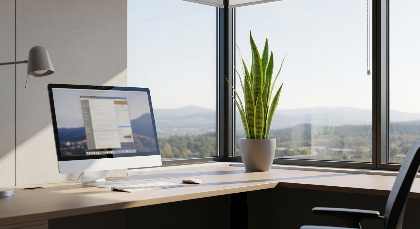Góc làm việc hiện đại, tràn ngập ánh sáng tự nhiên từ cửa sổ lớn, với bàn làm việc rộng rãi, màn hình máy tính và cây lưỡi hổ xanh tốt. Một bố cục lý tưởng cho phong thủy văn phòng làm việc theo tuổi.