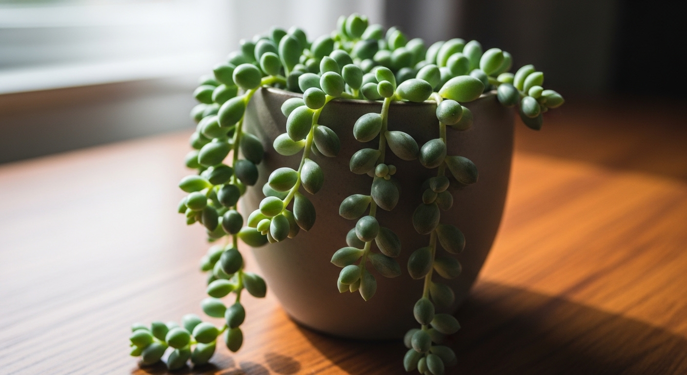 Cận cảnh cây Sen Đá xanh tươi trong chậu gốm trên bàn gỗ, minh họa cách bài trí bàn làm việc hợp phong thủy, đón ánh nắng dịu.