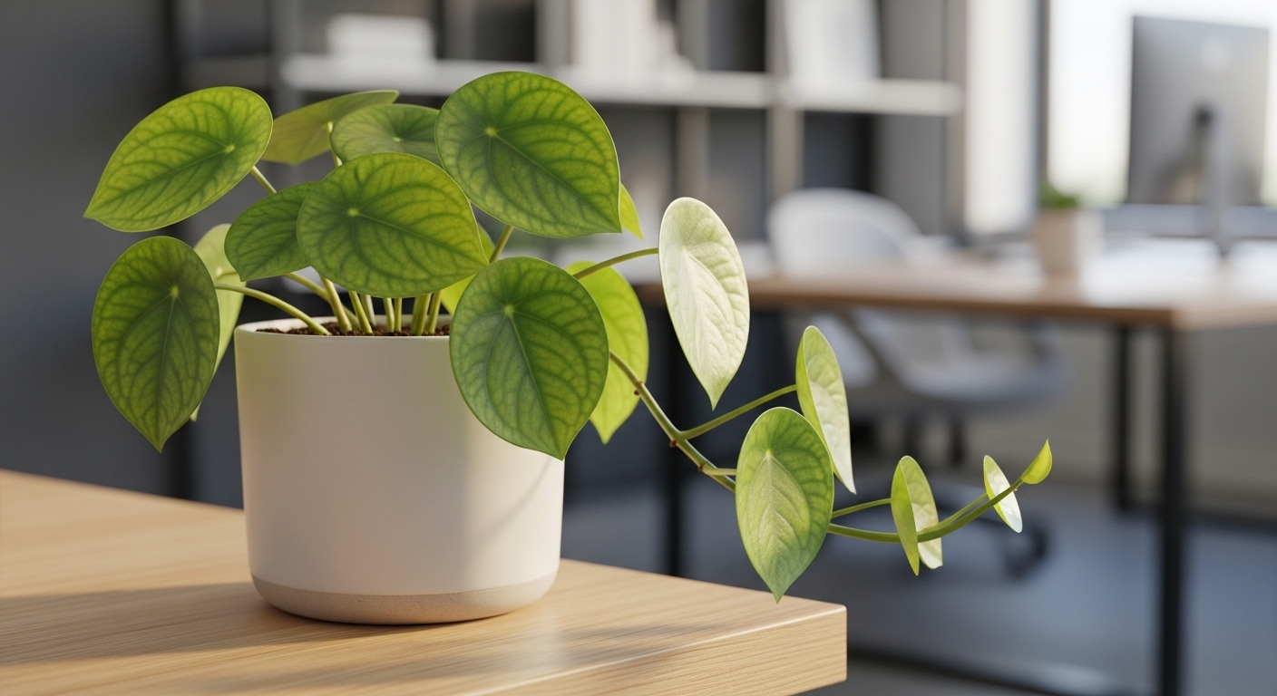 Cây Trầu bà xanh tươi trong chậu nhỏ đặt ở góc Đông Nam bàn làm việc văn phòng, phù hợp phong thủy bàn làm việc văn phòng cho người tuổi Quý Hợi.