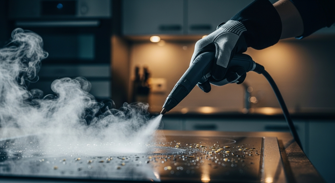 Bàn tay đeo găng sử dụng máy làm sạch hơi nước trên bề mặt bếp, hiệu quả cho vệ sinh lò nướng.