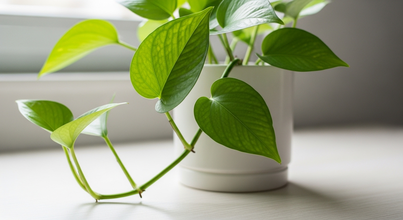 Cây trầu bà xanh mướt trong chậu sứ trắng đặt trên bàn làm việc sáng màu, tạo không gian tươi mới. Hình ảnh gợi mở về cách bố trí không gian làm việc hiệu quả, bao gồm cả yếu tố quan trọng về hướng đặt bàn làm việc theo tuổi để thu hút năng lượng tích cực.