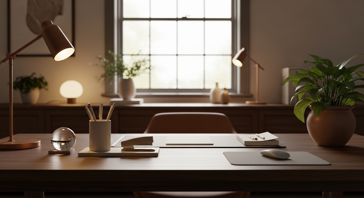 Không gian phong thủy phòng làm việc hài hòa với bàn gỗ, quả cầu pha lê và cây cảnh xanh mát.