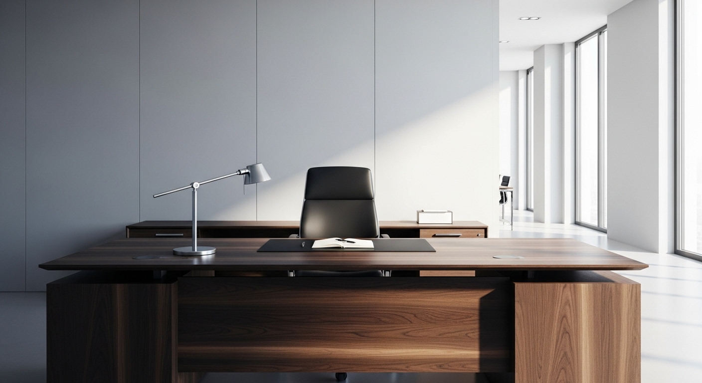 Bàn làm việc giám đốc sang trọng được bố trí theo phong thủy, hướng ra không gian mở trong văn phòng sáng sủa.