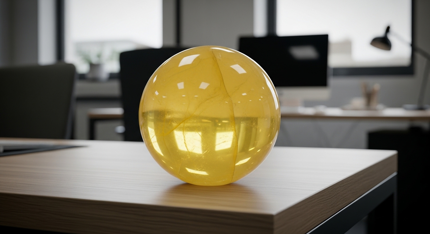 Quả cầu thạch anh vàng nhẵn bóng đặt trên bàn làm việc gỗ tối giản, lý tưởng cho phong thủy bàn làm việc người mệnh Thổ.